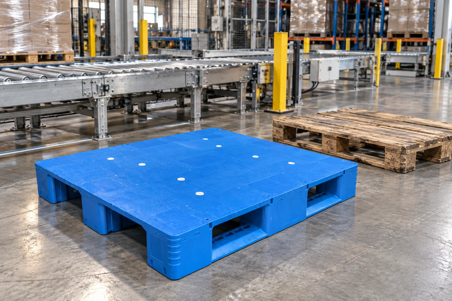 Blue solid-deck plastic pallet beside a wooden pallet in an automated warehouse evaluation area