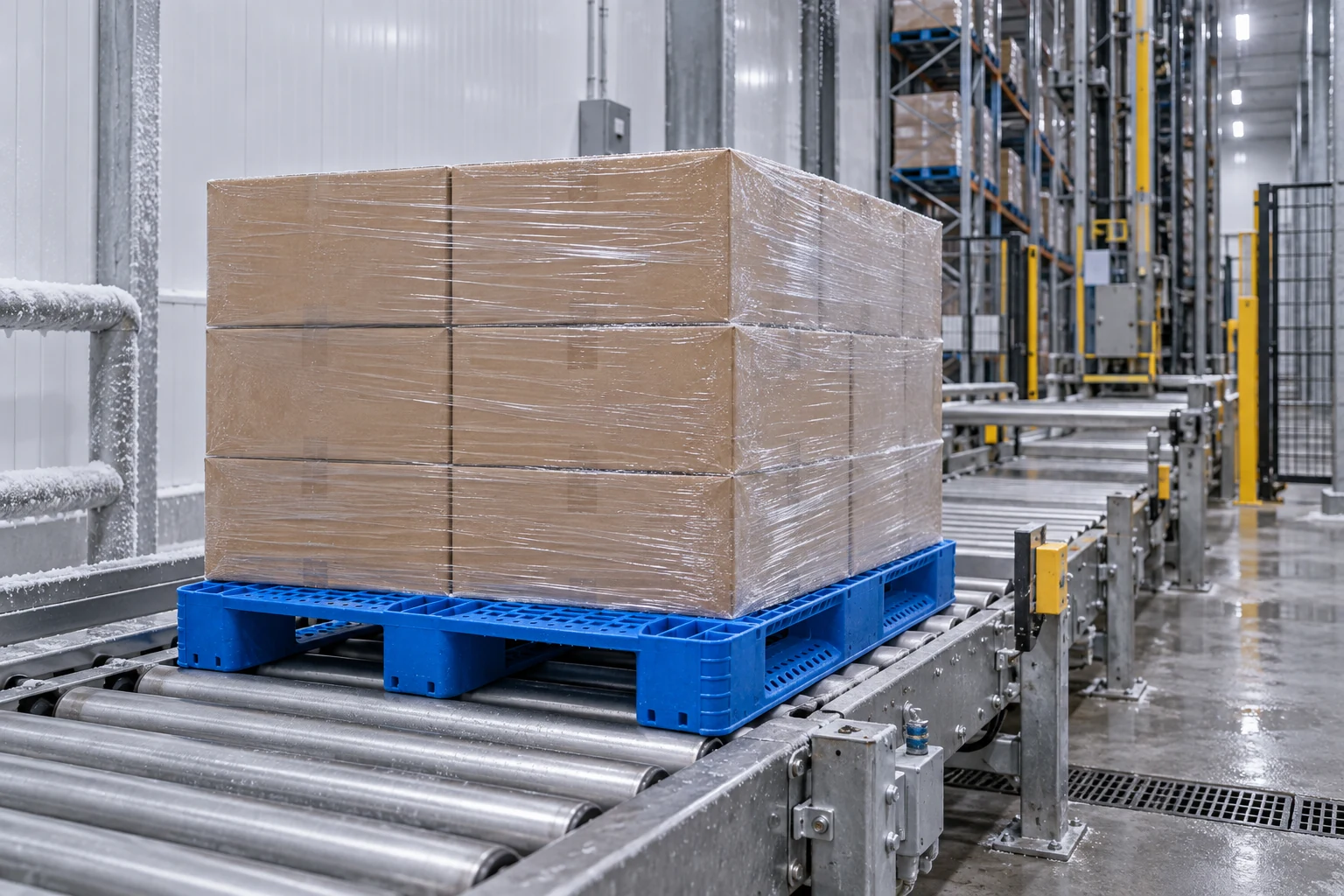 Wrapped cartons on a blue grid three-runner plastic pallet in an automated cold store