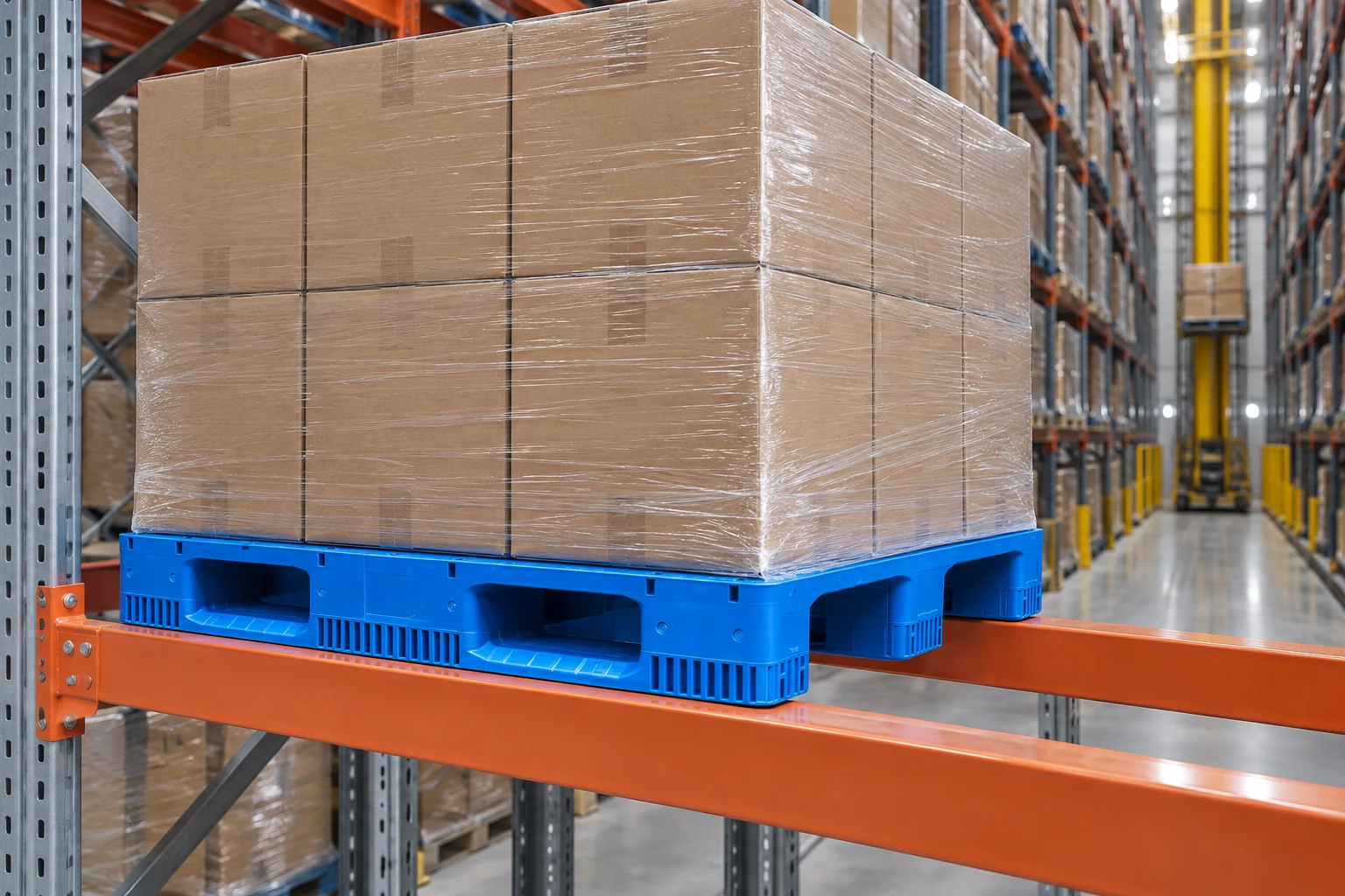 Wrapped cartons on a blue reinforced solid-deck plastic pallet supported by high-bay rack beams